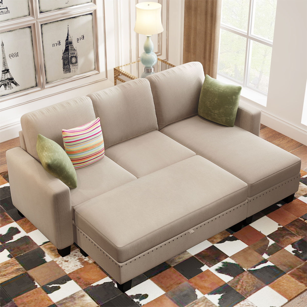 Reversible Sofa With Storage Chaise and Ottoman - Warm Gray