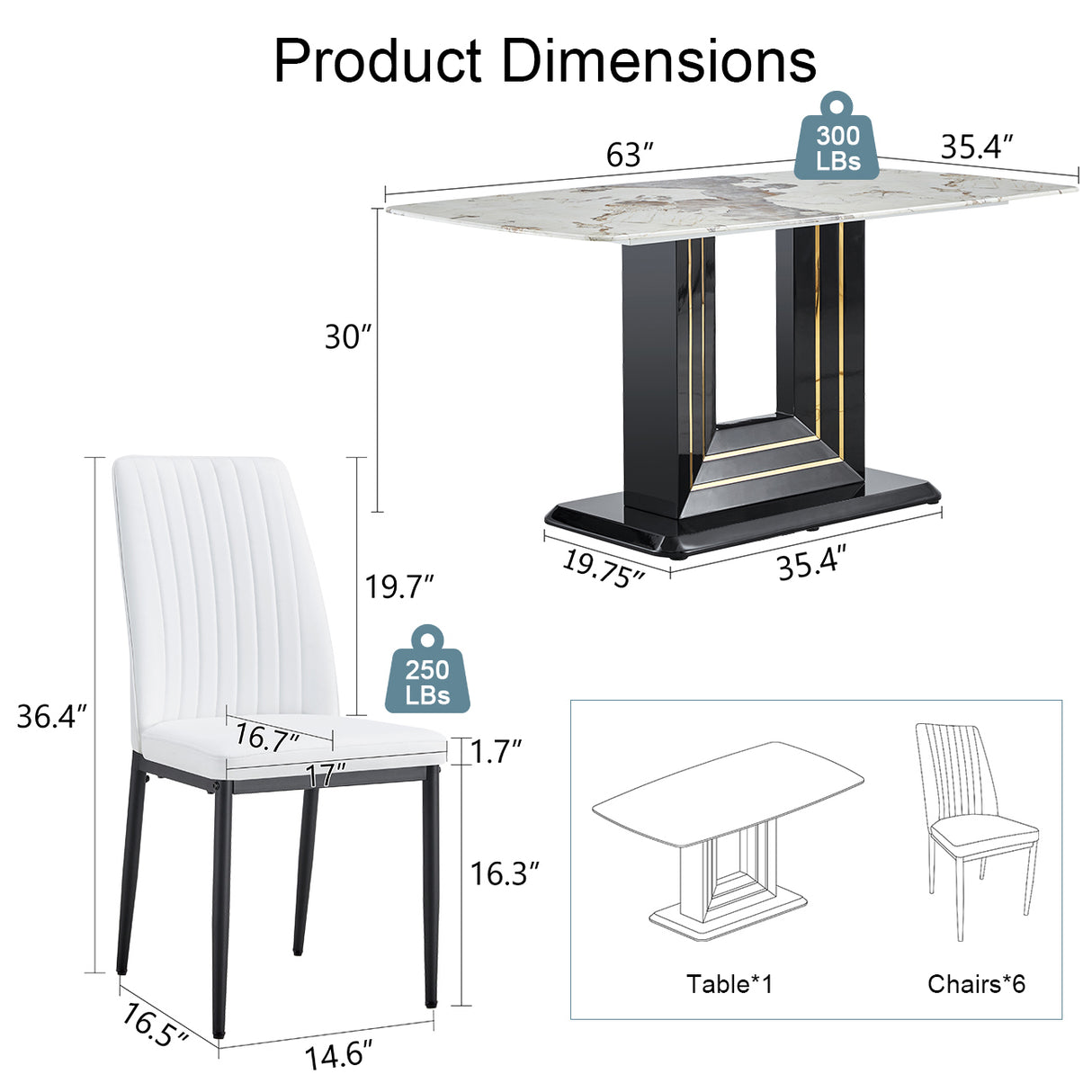 7-Piece Faux Marble Dining Set with 6 Upholstered White Chairs - White/Black