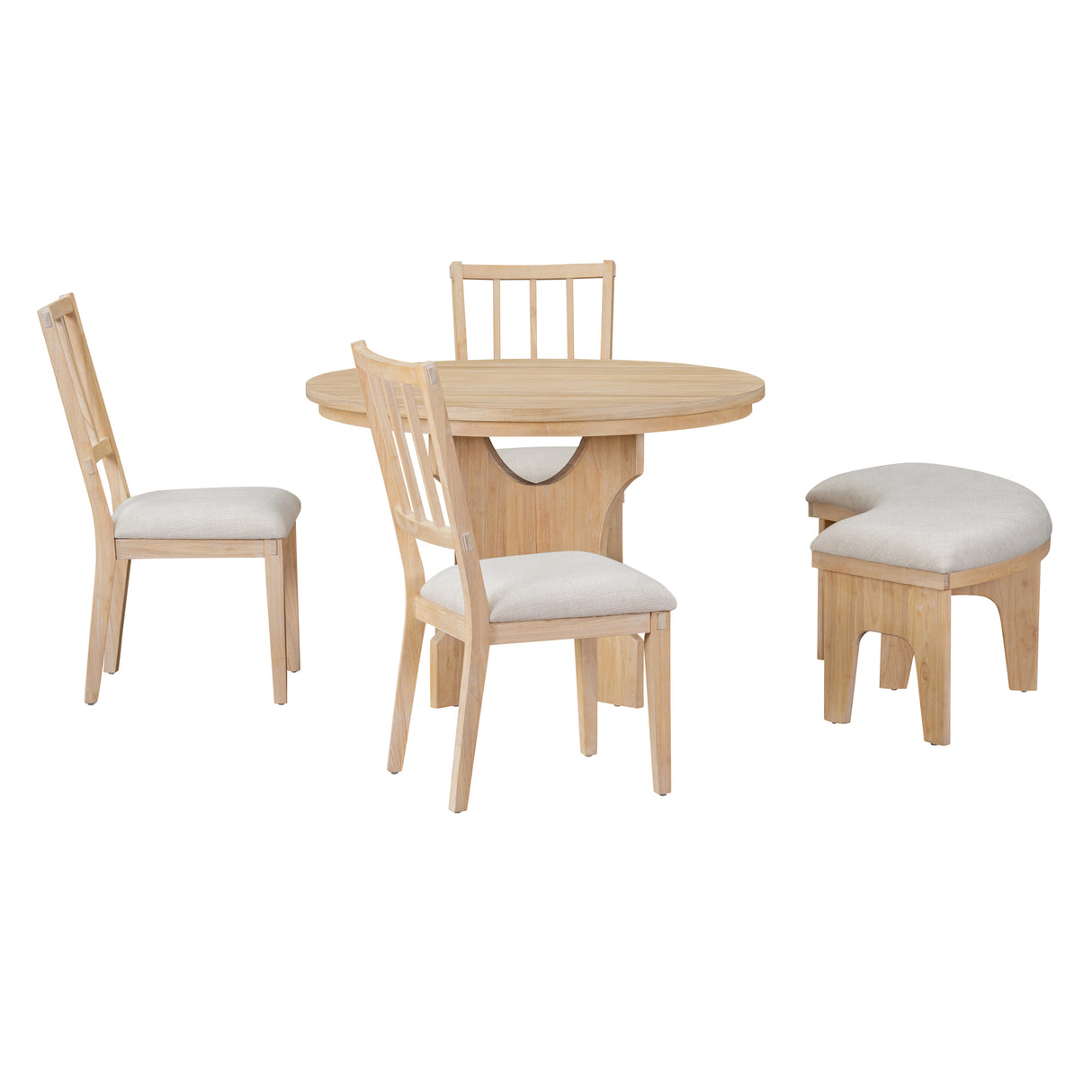 TREXM 5-Piece Dining Set with Curved Bench  and Side Chairs (Natural Wood Wash)