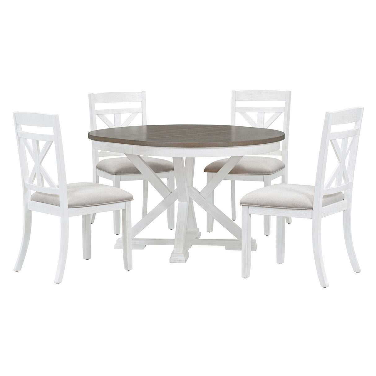 TREXM 5-Piece Dining Set with Butterfly Leaf and 4 Upholstered Chairs (Brown+Antique White)