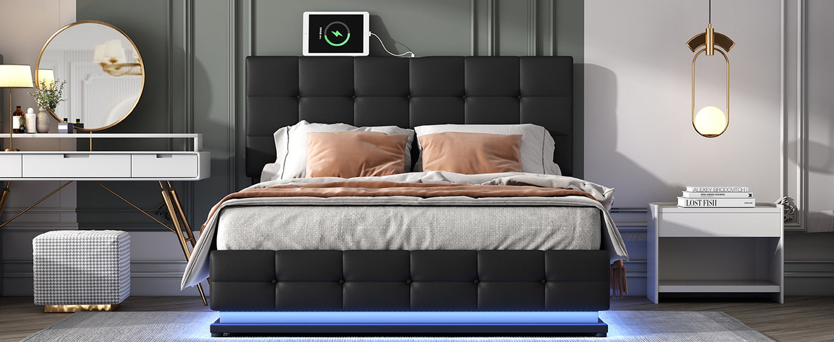 Queen Tufted Upholstered Platform Bed with Hydraulic Storage System with LED Lights and USB charger, Black