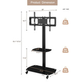 Height And Angle Adjustable Multi-Function Tempered Glass Metal Frame Floor With Lockable Wheels Mobile TV Stand, Lcd / Plasma TV Bracket 2 Tier Tempered Glass Shelves For Multiple Media Devices - Black