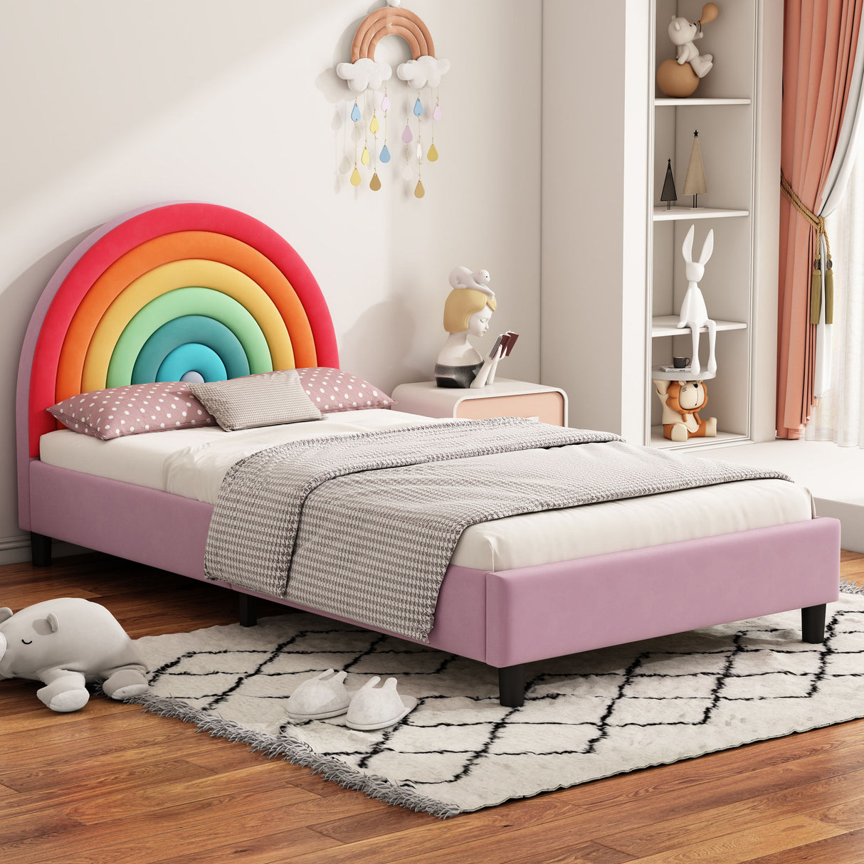 Rainbow Design Upholstered Twin Platform Bed - Colorful / Pink