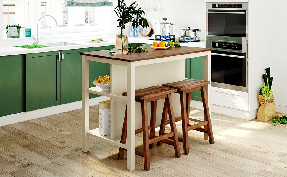 Rustic 3-piece 45" Stationary Kitchen Island Set with 2 Stools and 2 Open Shelves - Walnut + Off White