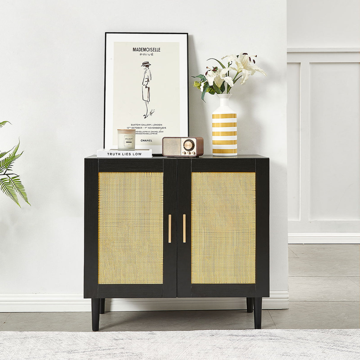 Buffet Cabinet With Natural Rattan Door With Adjustable Shelves - Black / Beige