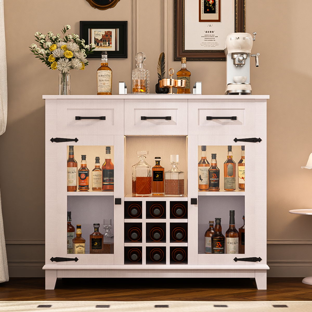 Modern Farmhouse Accent Cabinet With Storage, LED, Charging Station, Wine & Glass Rack and 3 Drawers - Antique White