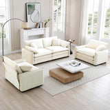 Luxurious and Sophisticated 3 Piece Corduroy Living Room Set with Soft Cushions and Pillows - White