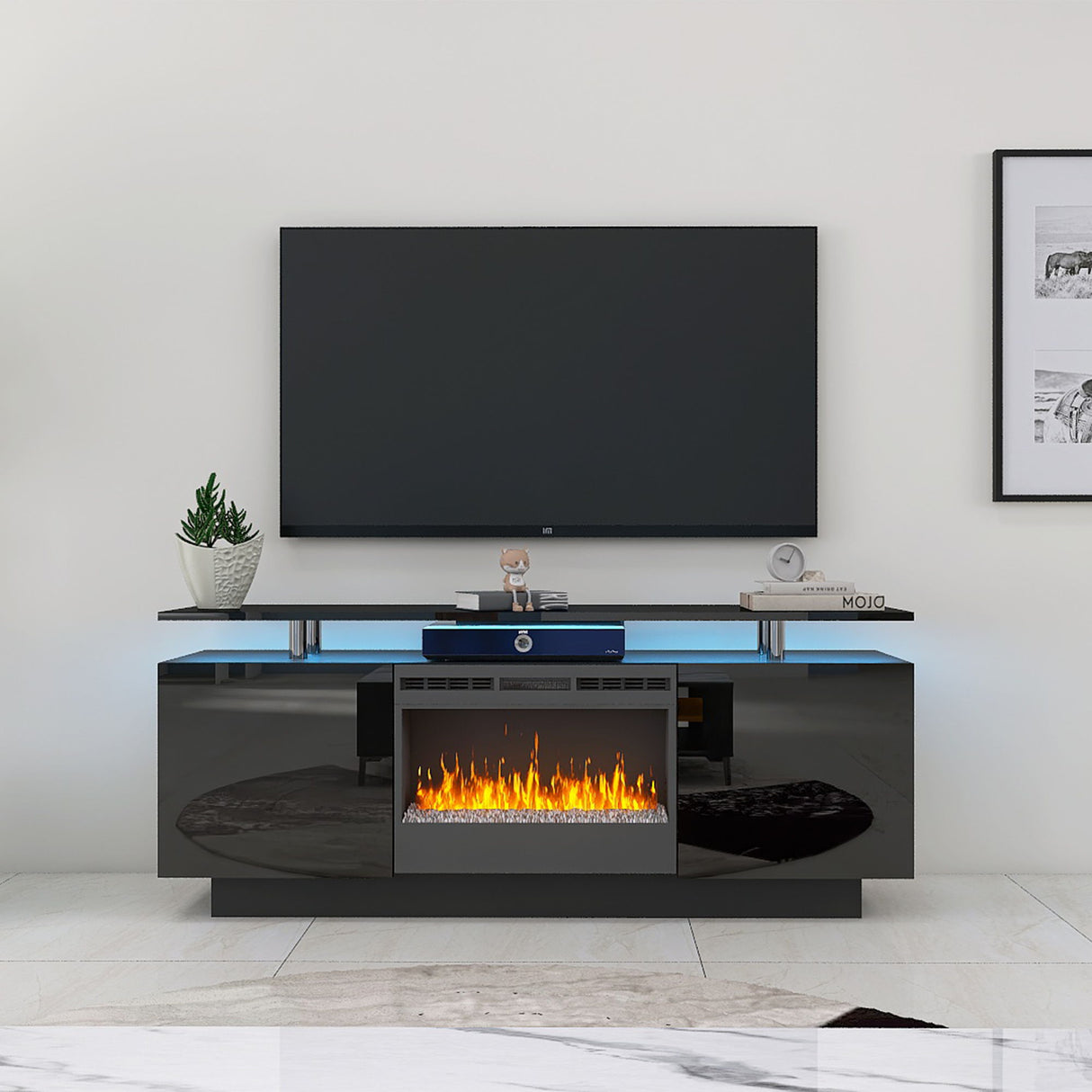 Large TV Stand With Fireplace and LED Light - Black