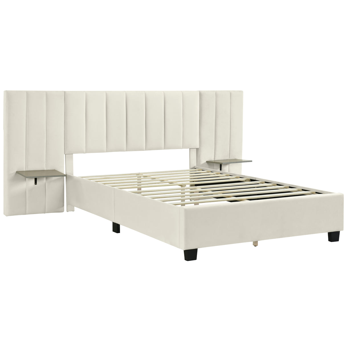 Queen Size Upholstered Platform Bed with Tall Headboard, Beige