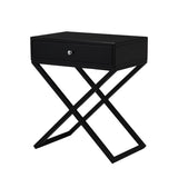 Koda - Wooden End Side Table Nightstand With Glass Top, Drawer And Metal Cross Base