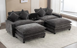 112.6" Chenille Upholstered Sofa with Two Ottomans, Two USB Ports, Two Cup Holders and Large Storage Box -Dark Gray