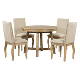 5-Piece Farmhouse Dining Table Room Set With Round Extendable Table and 4 Upholstered Dining Chairs (Natural Wood Wash)