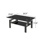 Tempered Glass Coffee Table, 2 Layer Storage Tea Table - Black