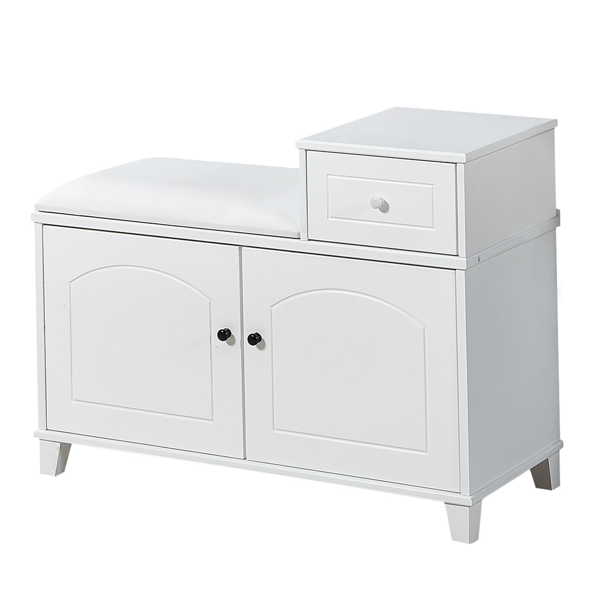 Shoe Storage Bench Cabinet With Fireproof PU Cushion, Double Doors And Movable Drawer For Door Entrance - White