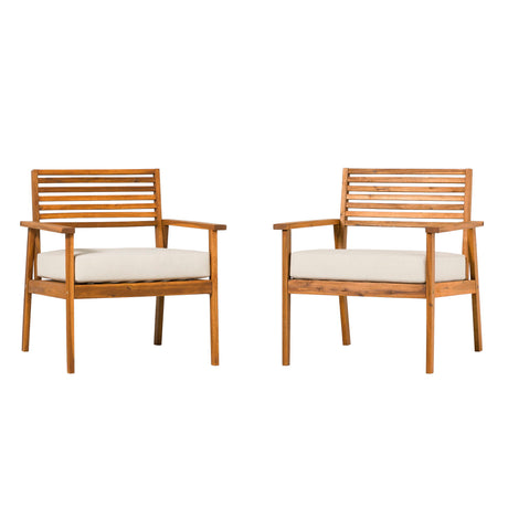 Modern 2 Piece Slat Back Solid Acacia Wood Patio Club Chair Set - Brown