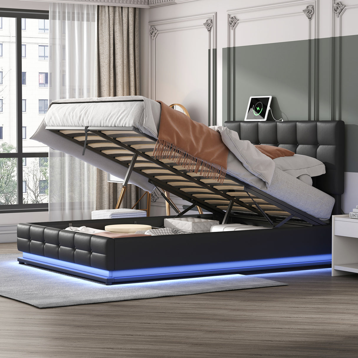 Queen Tufted Upholstered Platform Bed with Hydraulic Storage System with LED Lights and USB charger, Black