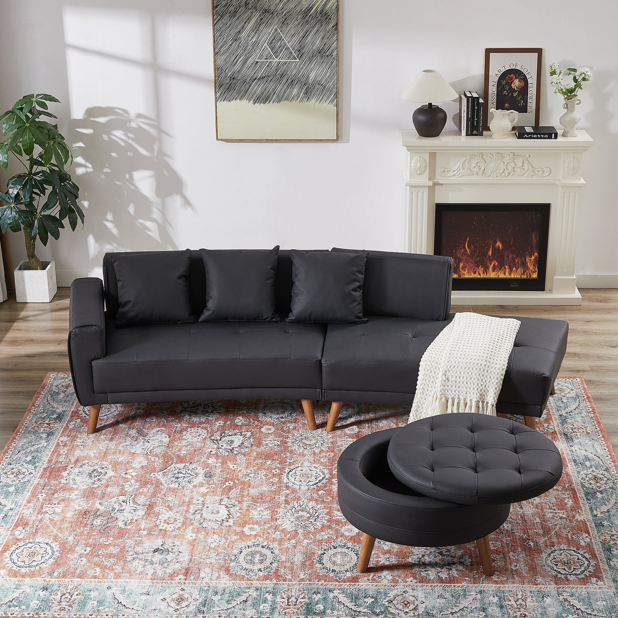 107" Contemporary Sofa with a Round Storage Ottoman and Three Removable Pillows - Black