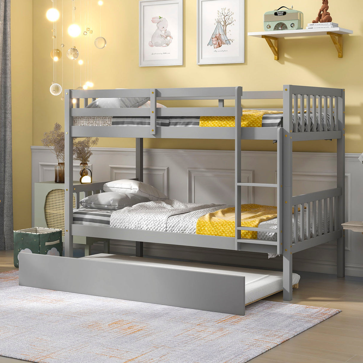 Twin Over Twin Bunk Beds With Trundle, and Ladder (Can Be Converted Into 2 Beds) - Gray