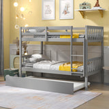 Twin Over Twin Bunk Beds With Trundle, and Ladder (Can Be Converted Into 2 Beds) - Gray