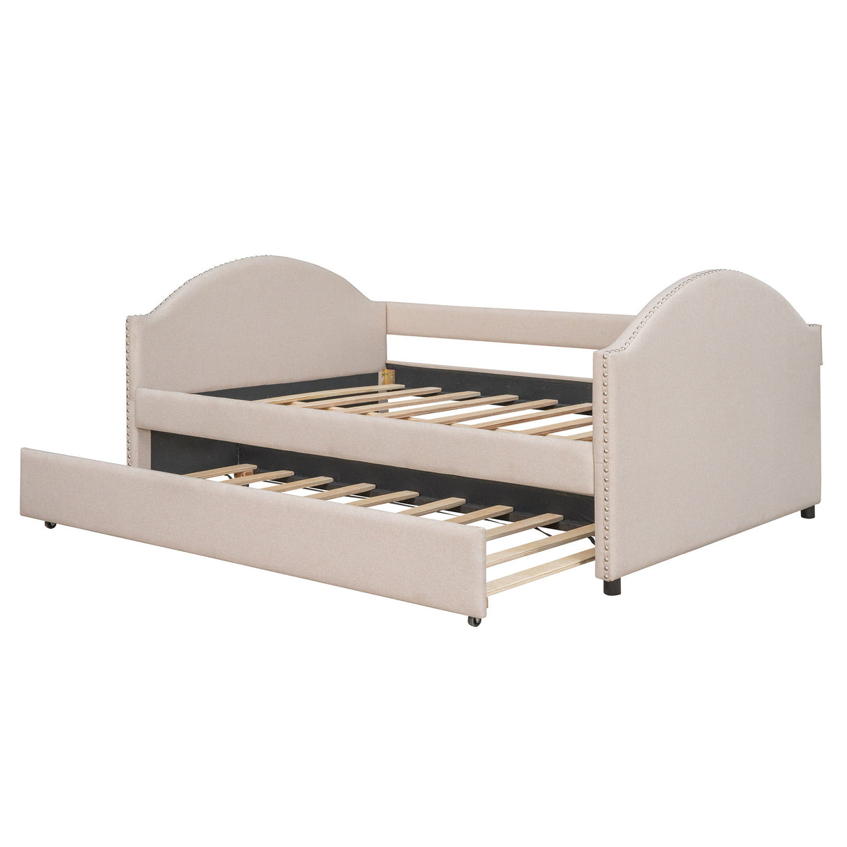 Full Size Upholstered Daybed With Twin Size Trundle, Wood Slat Support - Beige