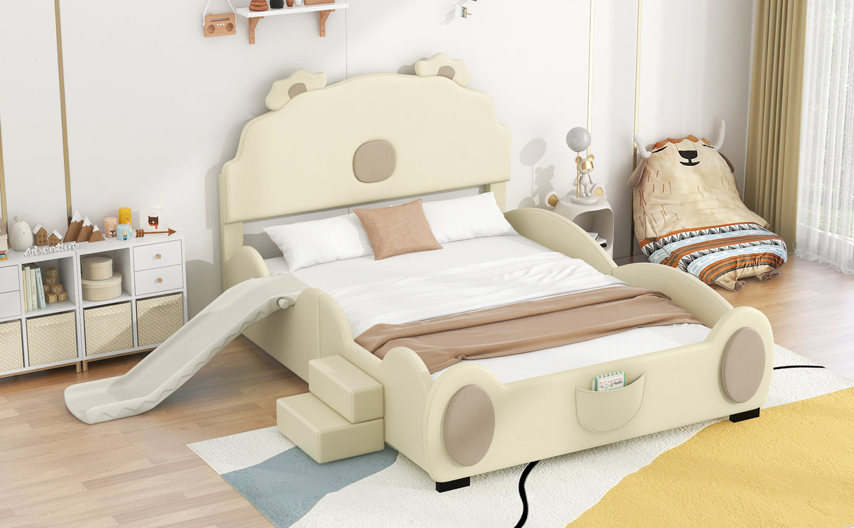 Full size Upholstered Platform Bed With Piglet Shape Headboard and Slide, Beige