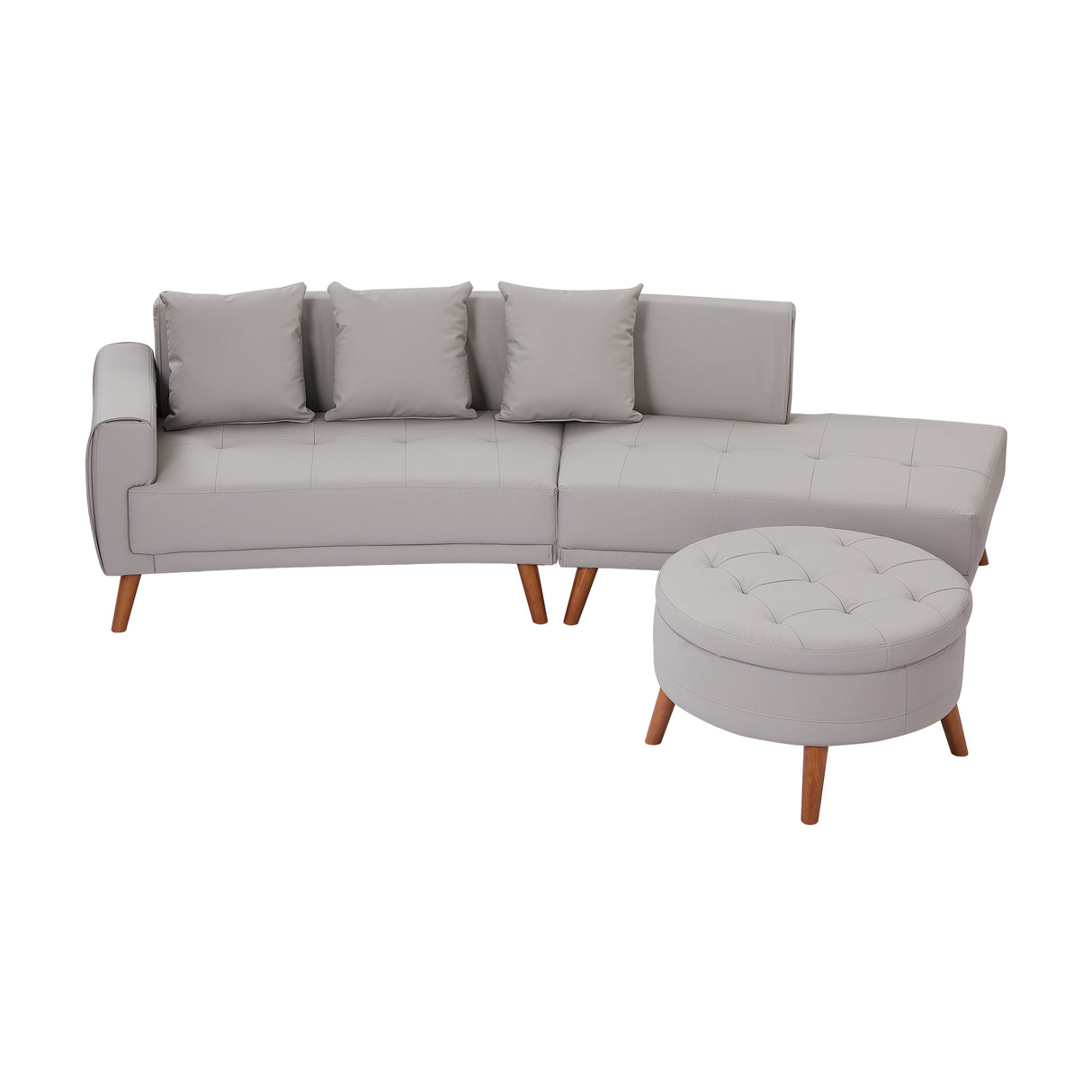 107" Contemporary Sofa with a Round Storage Ottoman and Three Removable Pillows - Grey