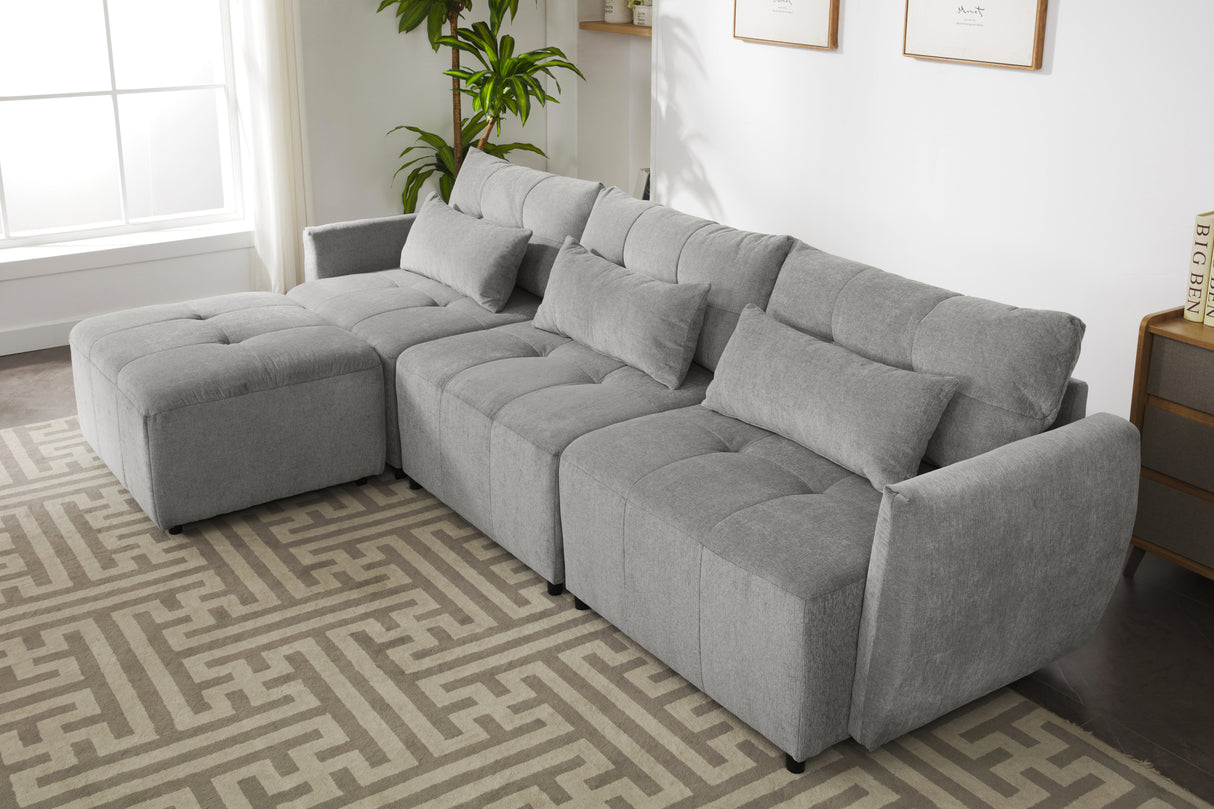 113.3" Modular Sectional Sofa with Ottoman, USB and USB-C Ports, Gray