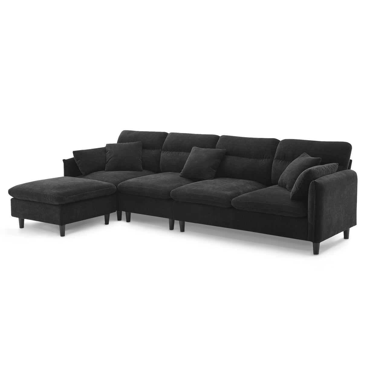 Modern Convertible Sectional Sofa with Pillows and Ottoman - Black