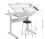 38.18" Hand Crank Adjustable Drafting Table Drawing Desk With 2 Metal Drawers With Stool