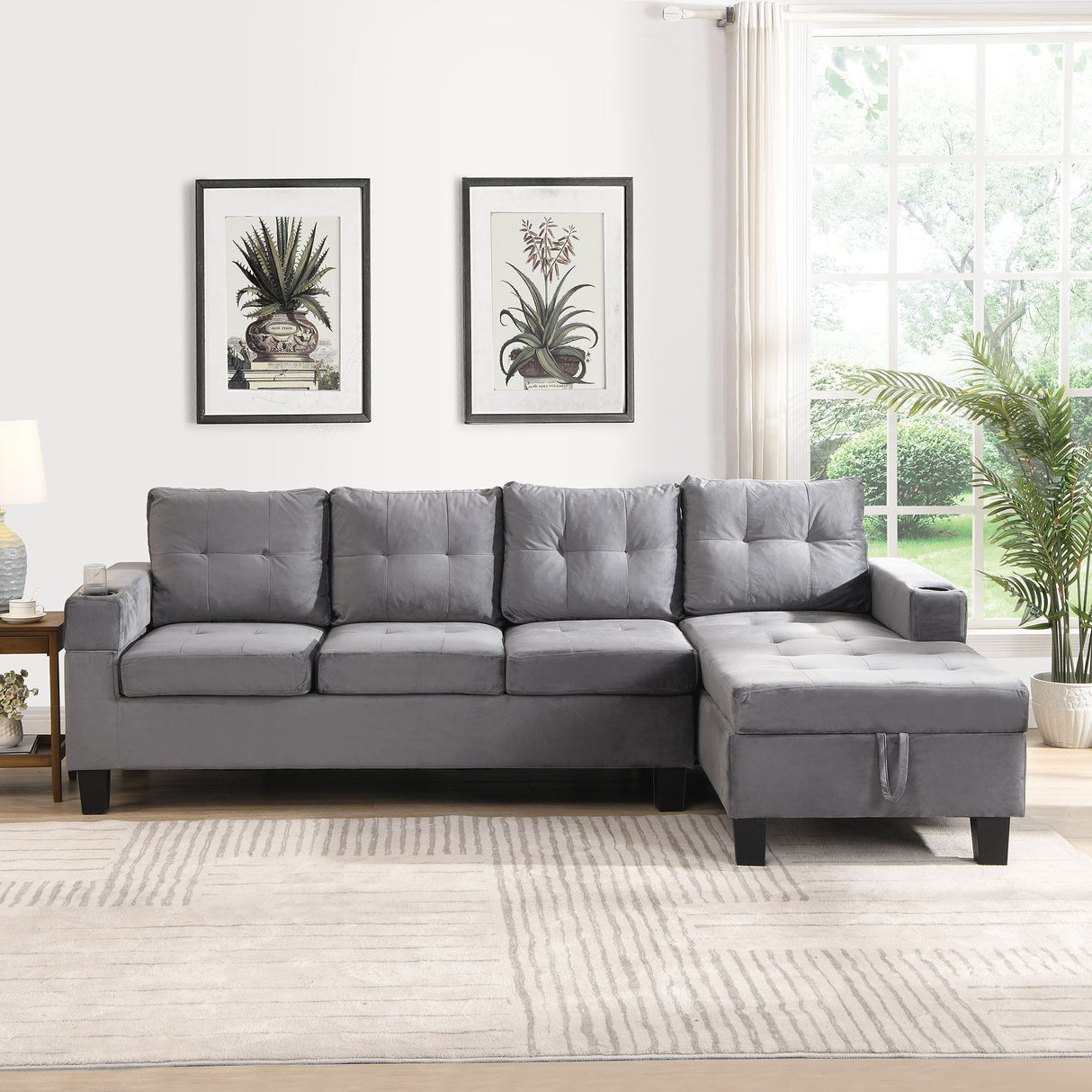 Modern Sectional Sofa With  Right Lounge Storage Chaise and Cup Holder - Gray