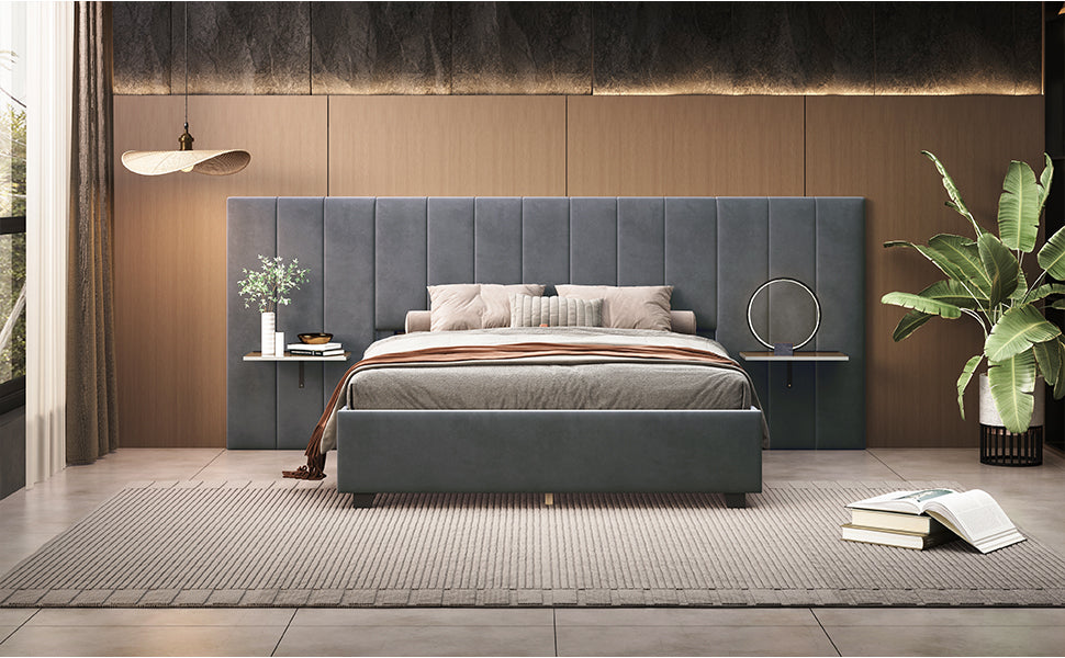 Queen Size Upholstered Platform Bed with Tall Headboard, Gray