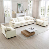 3 Piece Living Room Set with Soft Cushions and Pillows in Corduroy Fabric - Off White