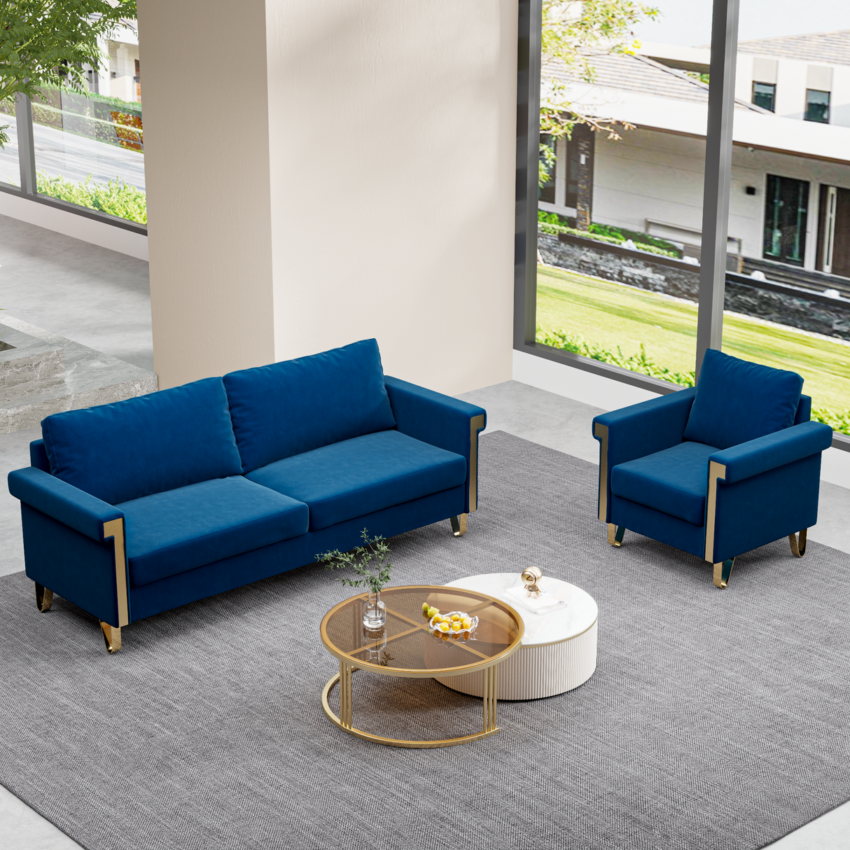 2 Piece Living room Set With Sofa and Chair, Velvet Blue