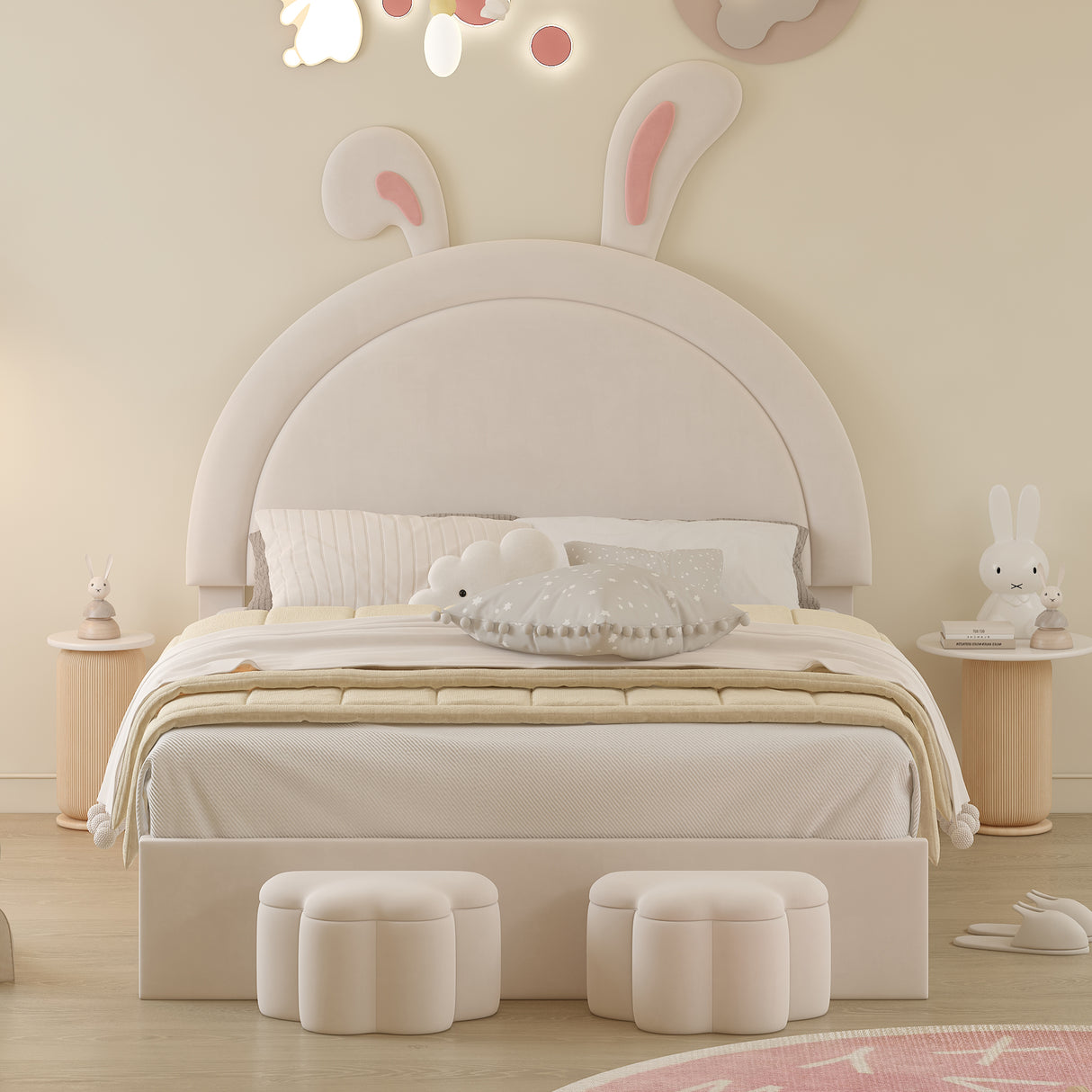 Full size Upholstered Rabbit-Shape Bed with 2 Storage Stools and Cartoon Ears Shaped Headboard, White