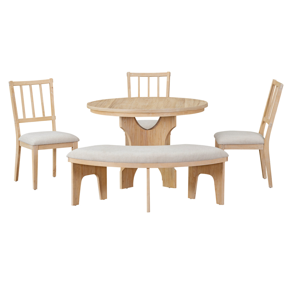 TREXM 5-Piece Dining Set with Curved Bench  and Side Chairs (Natural Wood Wash)