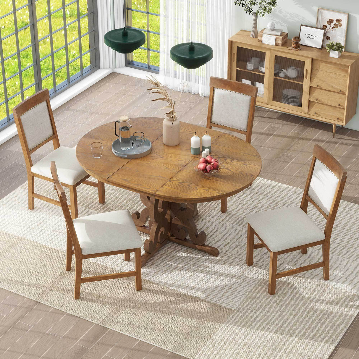 TREXM 5-Piece Retro Dining Set with a 16-inch Leaf and 4 Upholstered Chairs (Walnut)