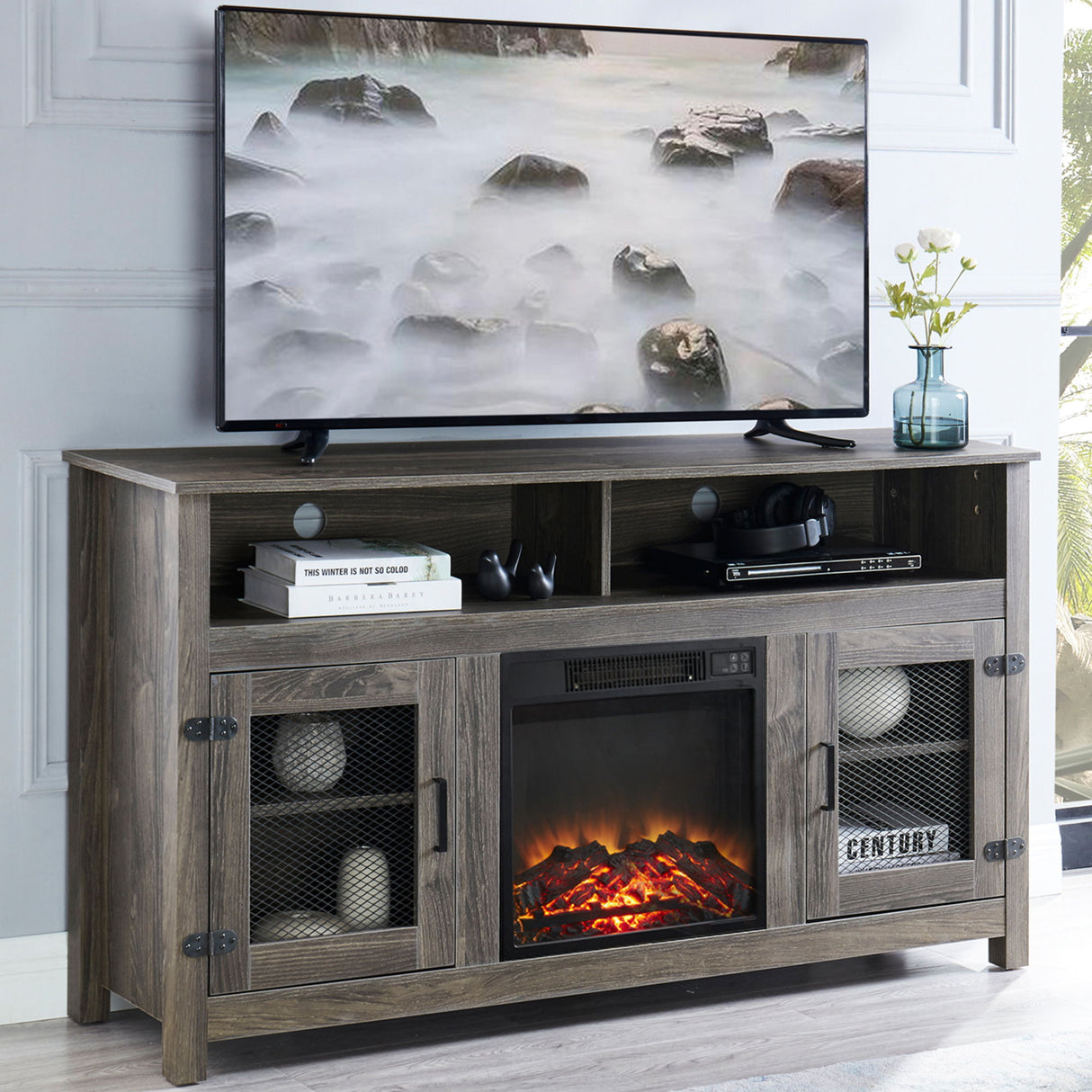 Rustic TV Stand With Electric Fireplace With Storage Cabinet And Adjustable Shelves - Gray