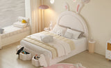 Full size Upholstered Rabbit-Shape Bed with 2 Storage Stools and Cartoon Ears Shaped Headboard, White