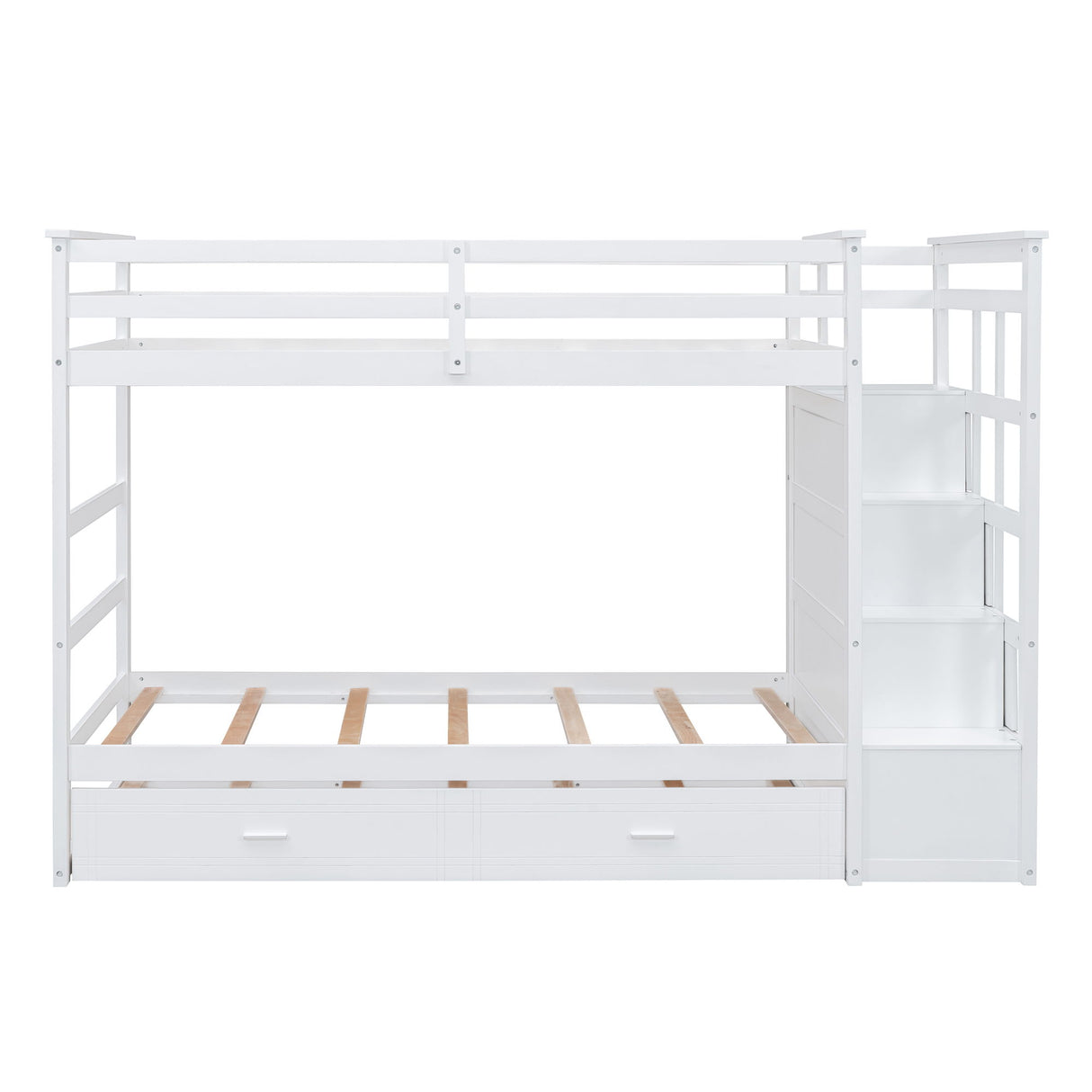 Twin Over Twin Bunk Bed With Trundle And Staircase - White