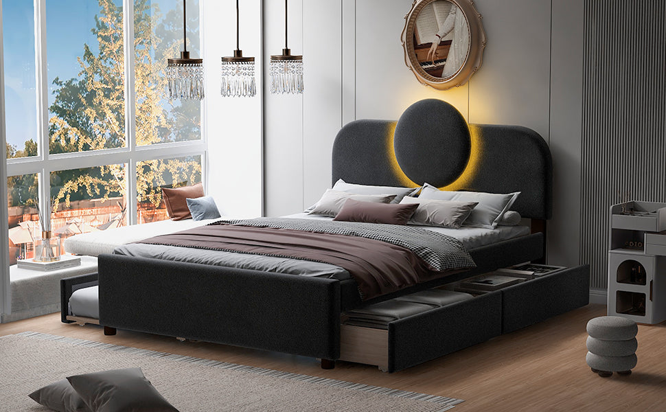 Full Size Upholstered Platform Bed with Multi-functional LED Headboard, Trundle and 2 Drawers, Gray