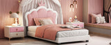 Twin size Upholstered Princess Bed With Crown Headboard, White+Pink