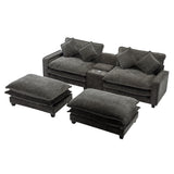 112.6" Chenille Upholstered Sofa with Two Ottomans, Two USB Ports, Two Cup Holders and Large Storage Box -Dark Gray