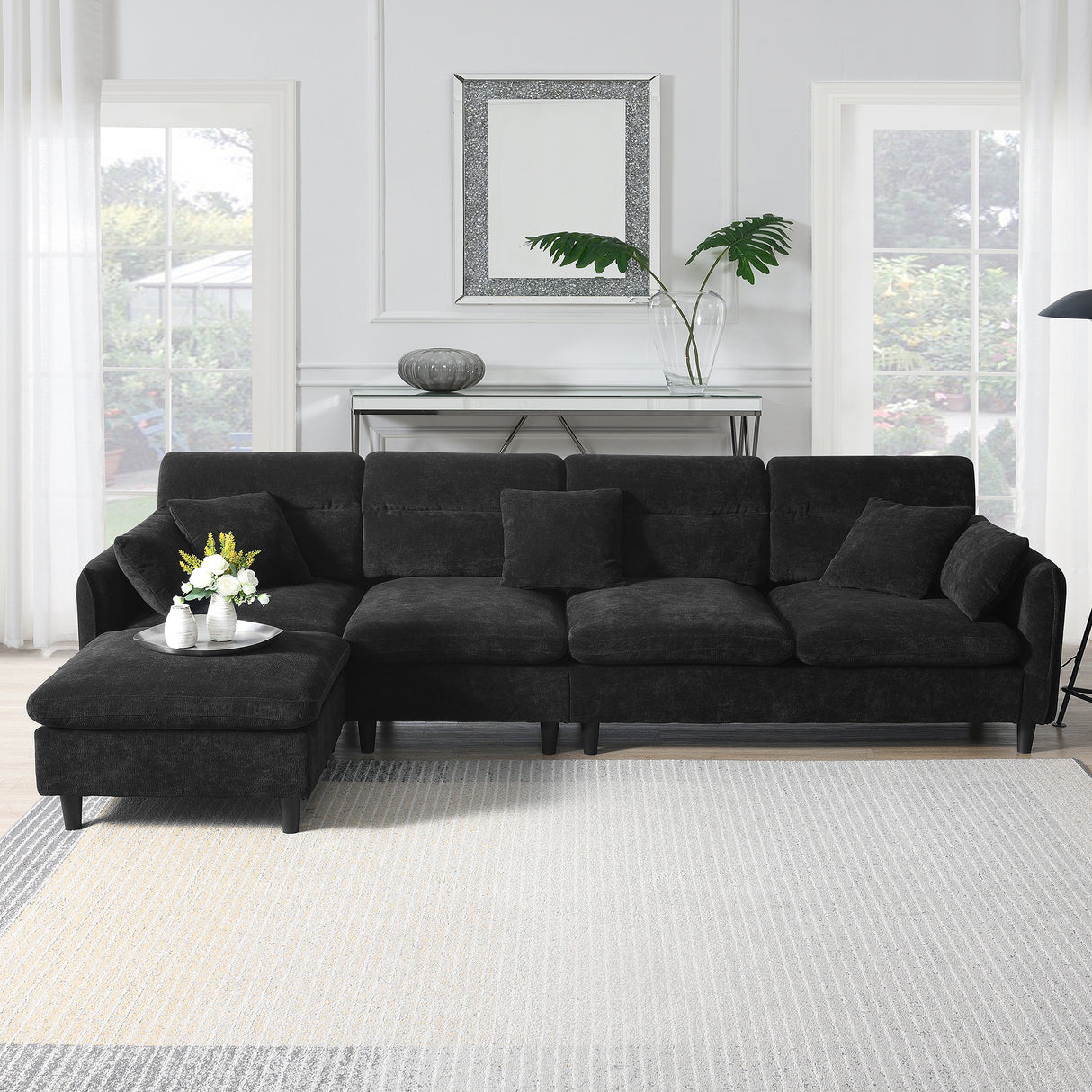 Modern Convertible Sectional Sofa with Pillows and Ottoman - Black