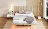 Queen Size Upholstered Floating Bed with LED Light and USB Port - Velvet Beige