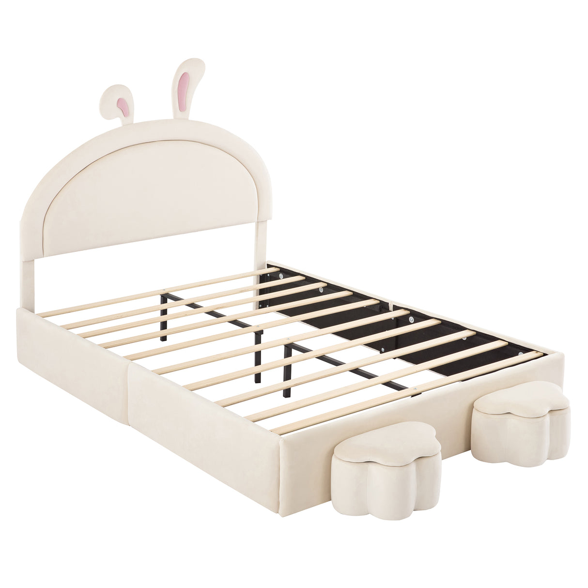 Full size Upholstered Rabbit-Shape Bed with 2 Storage Stools and Cartoon Ears Shaped Headboard, White