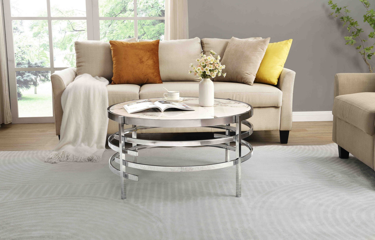 32.48'' Chrome Round Coffee Table With Sintered Stone Top & Sturdy Metal Frame - Silver