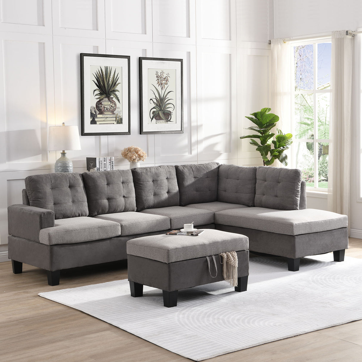 Sofa With Chaise And Storage Ottoman - Gray