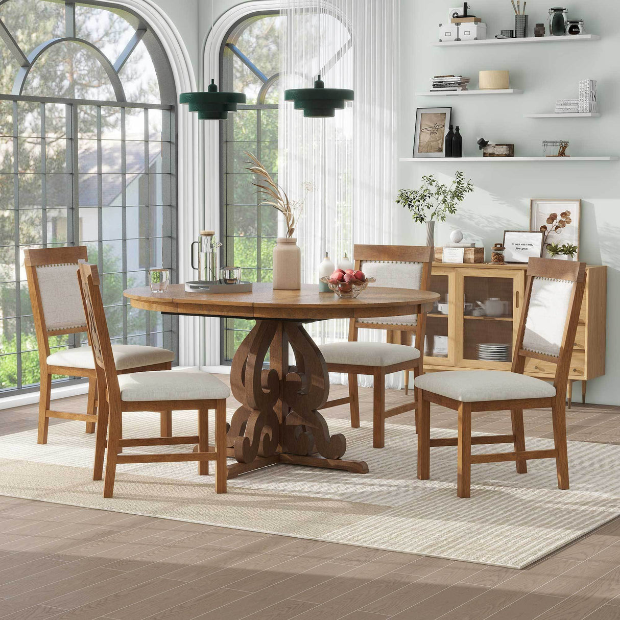 TREXM 5-Piece Retro Dining Set with a 16-inch Leaf and 4 Upholstered Chairs (Walnut)