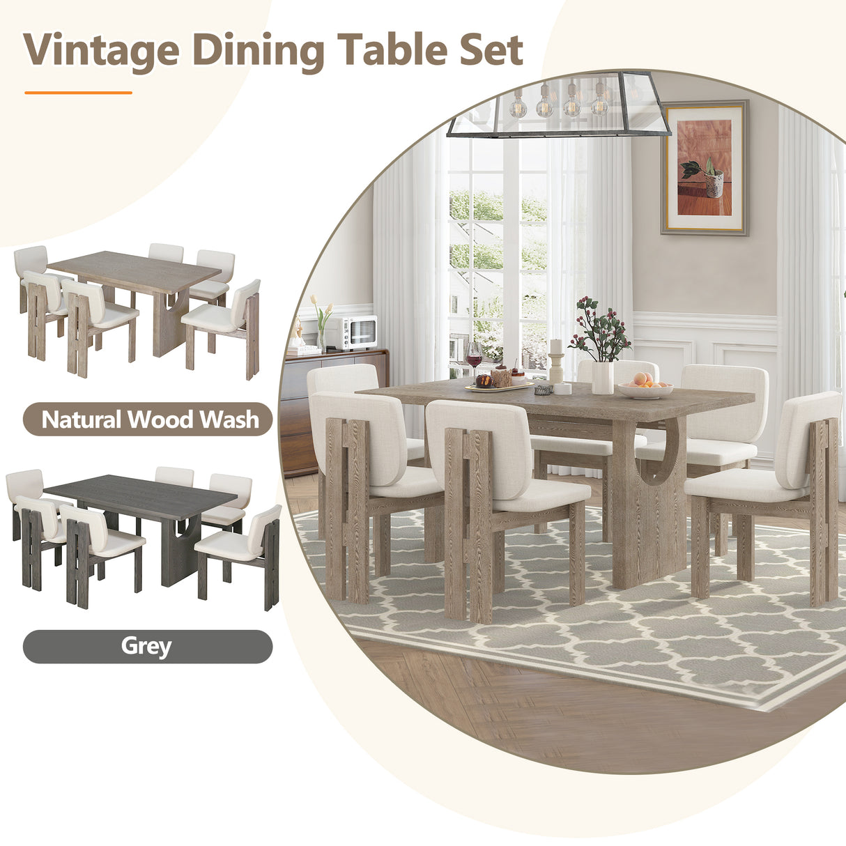 TREXM 7-Piece Retro Dining Set with Trestle Table and 6 Upholstered Chairs (Natural Wood Wash)