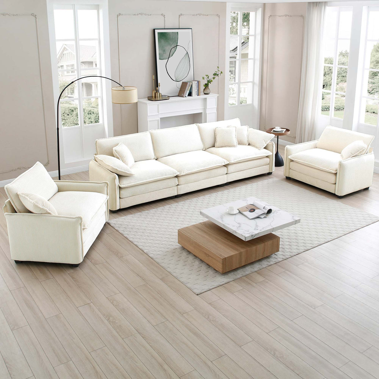 3 Piece Living Room Set with Soft Cushions and Pillows in Corduroy Fabric - Off White